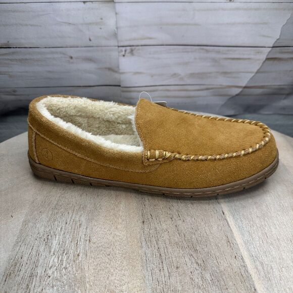 Lands' End Mens Slippers Size 9 Fuzzy Lined English Tan Suede Moccasin Slipper - Picture 7 of 14
